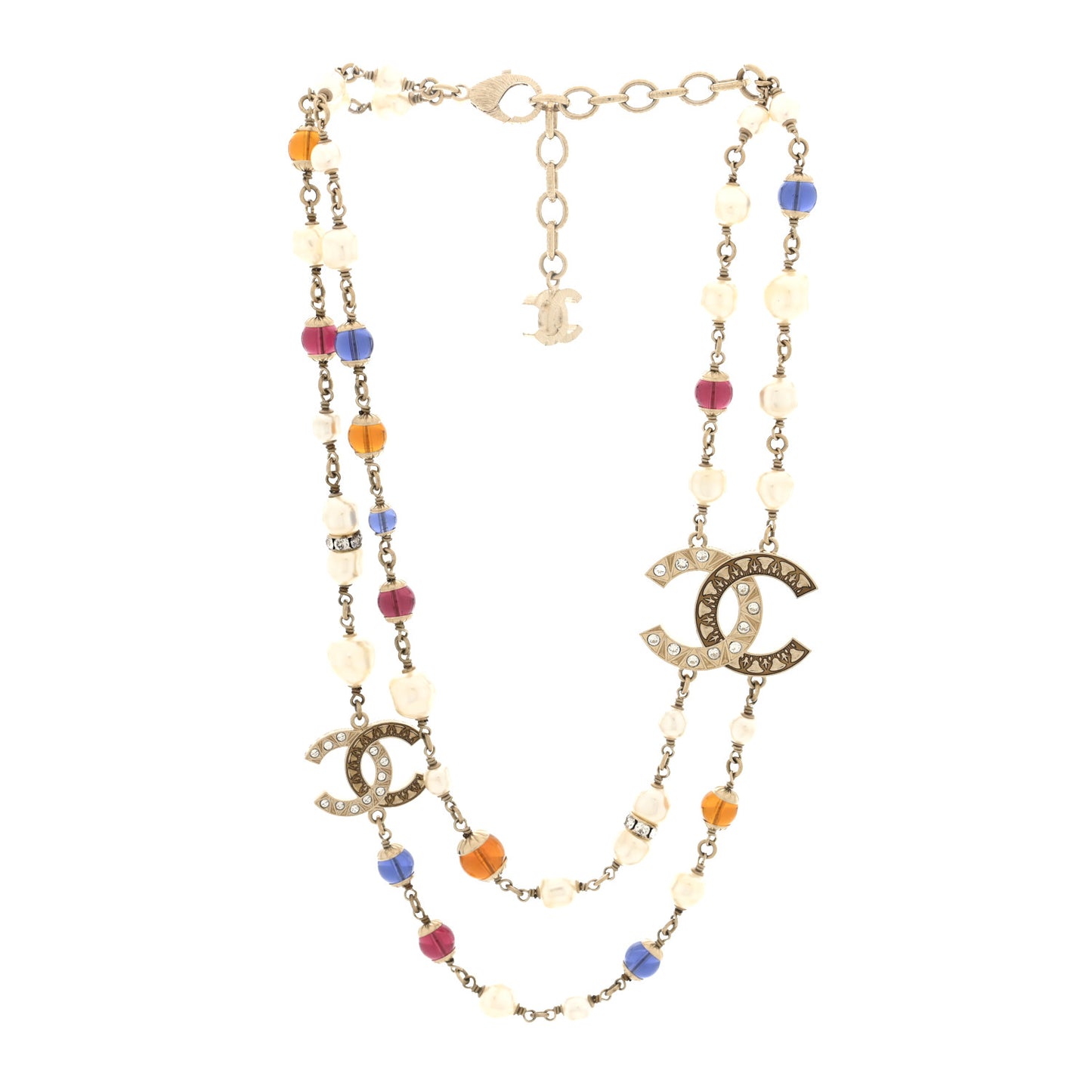 Pearl Crystal Resin CC Beaded Long Necklace Gold Pearly Gold Multicolor