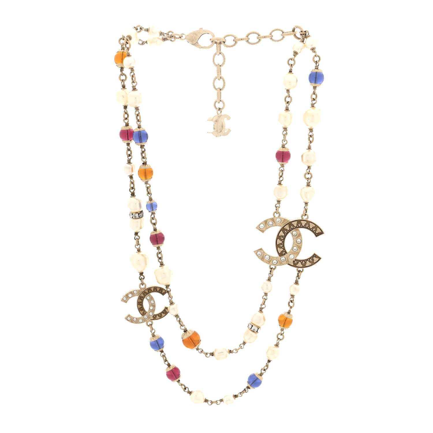 Chanel Pearl Crystal Resin CC Beaded Long Necklace Gold Pearly Gold Multicolor 3 of 4