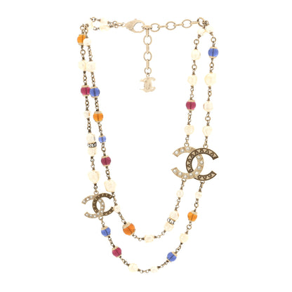 Chanel Pearl Crystal Resin CC Beaded Long Necklace Gold Pearly Gold Multicolor 3 of 4