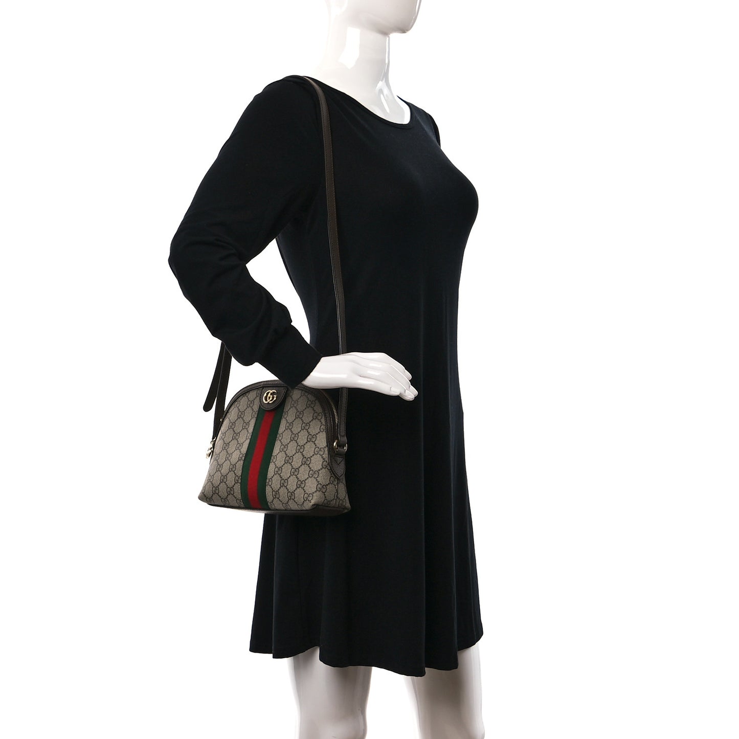 GG Supreme Monogram Textured Dollar Calfskin Web Small Ophidia Dome Shoulder Bag Beige Ebony New Acero