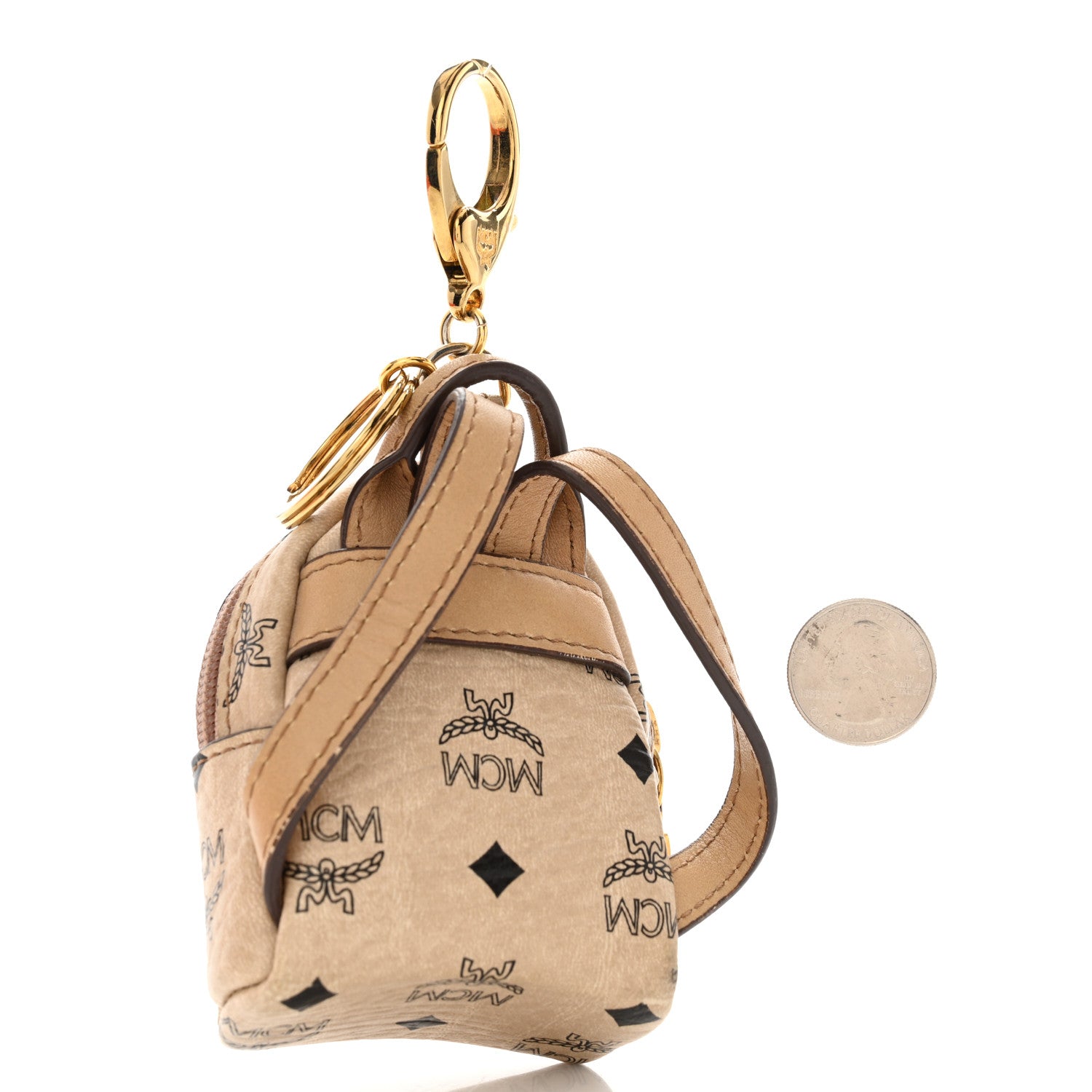 MCM Visetos Backpack Key Ring Bag Charm Beige 2 of 6