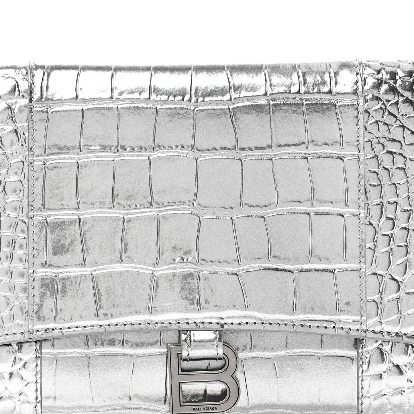 Metallic Calfskin Crocodile Embossed Hourglass Flap Flat Pouch Silver