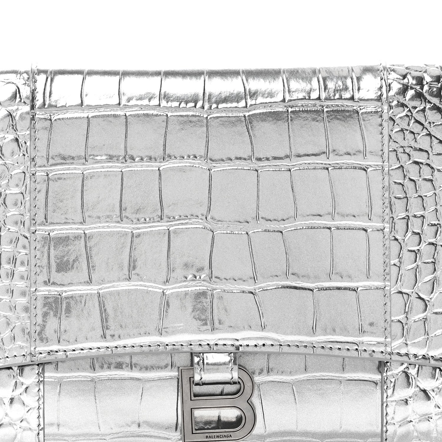 Balenciaga Metallic Calfskin Crocodile Embossed Hourglass Flap Flat Pouch Silver 8 of 10