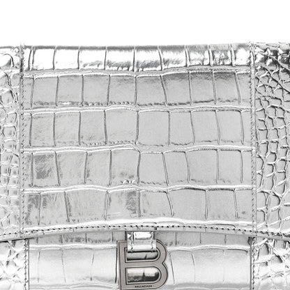 Balenciaga Metallic Calfskin Crocodile Embossed Hourglass Flap Flat Pouch Silver 8 of 10