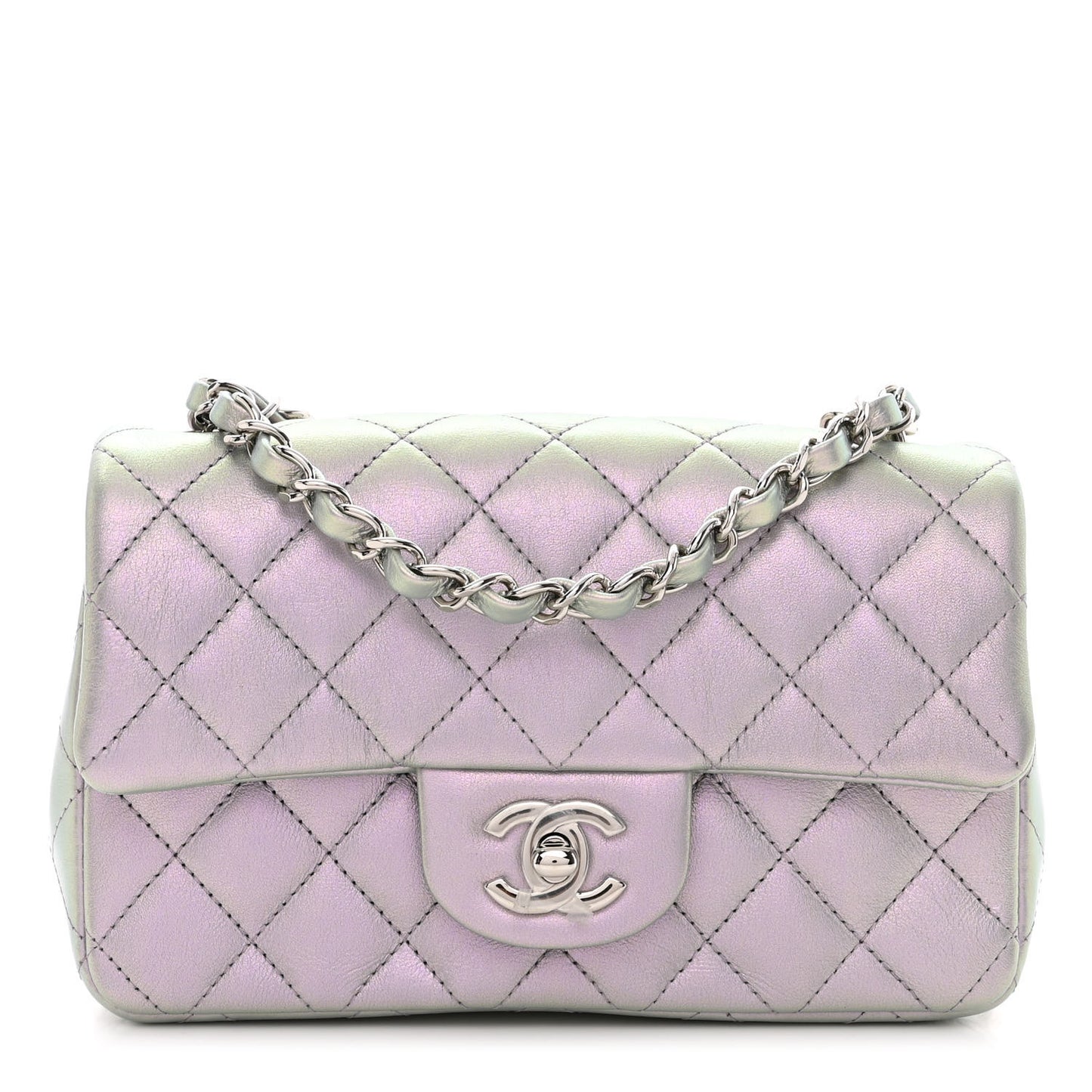 Iridescent Calfskin Quilted Mini Rectangular Flap Light Purple