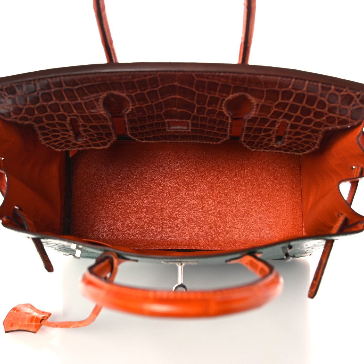 Hermes Shiny Niloticus Crocodile Horseshoe Birkin 30 Vert Emeraude Orange Miel 7 of 35
