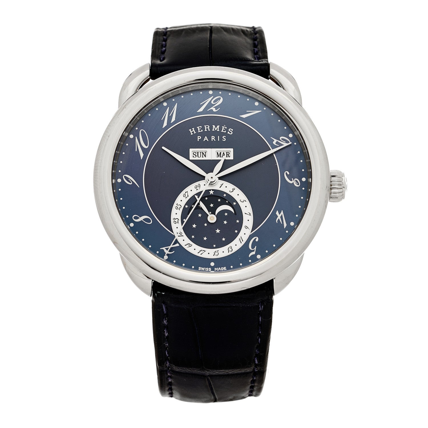 Hermes Stainless Steel Alligator 43mm Arceau Grande Lune Automatic Watch Bleu Abysse 1 of 4