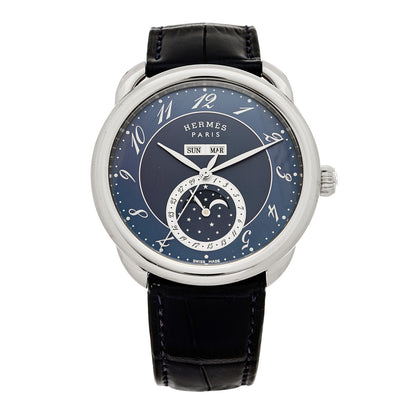 Hermes Stainless Steel Alligator 43mm Arceau Grande Lune Automatic Watch Bleu Abysse 1 of 4
