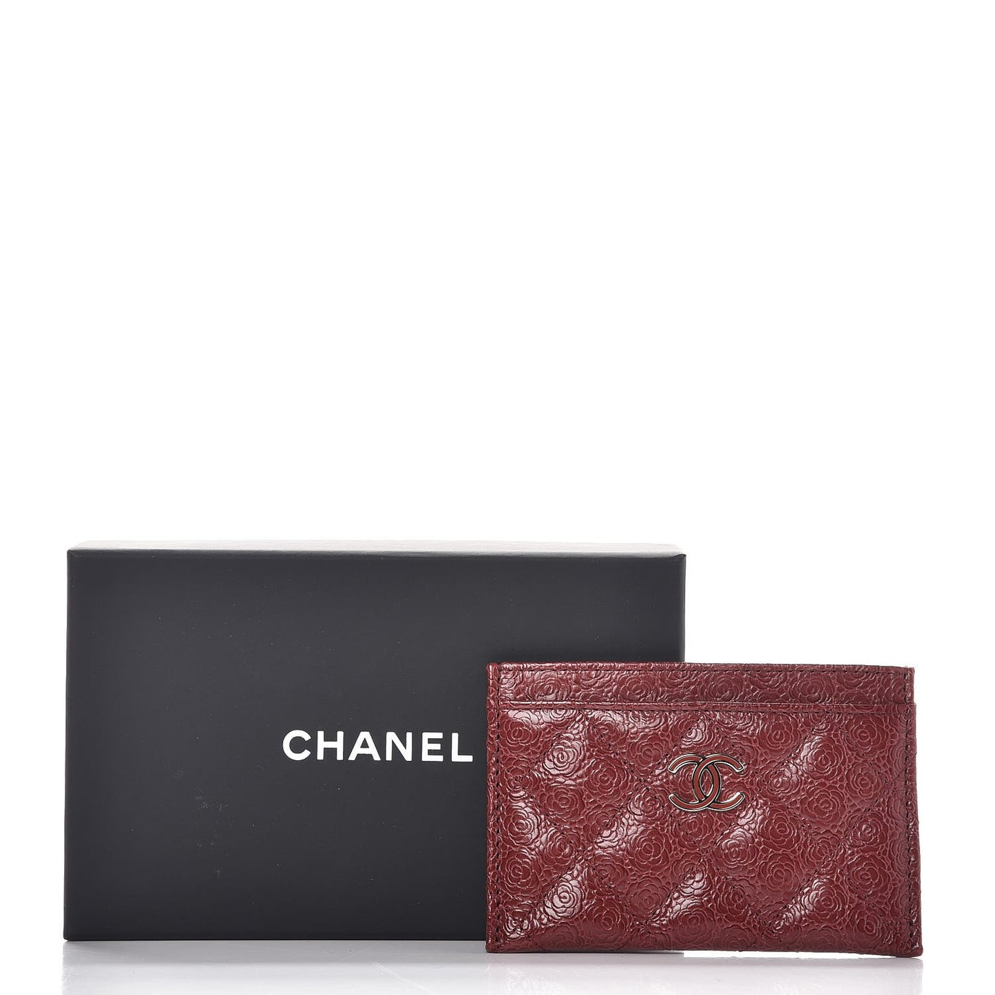 Camellia Calfskin Embossed Quilted Card Holder Burgundy