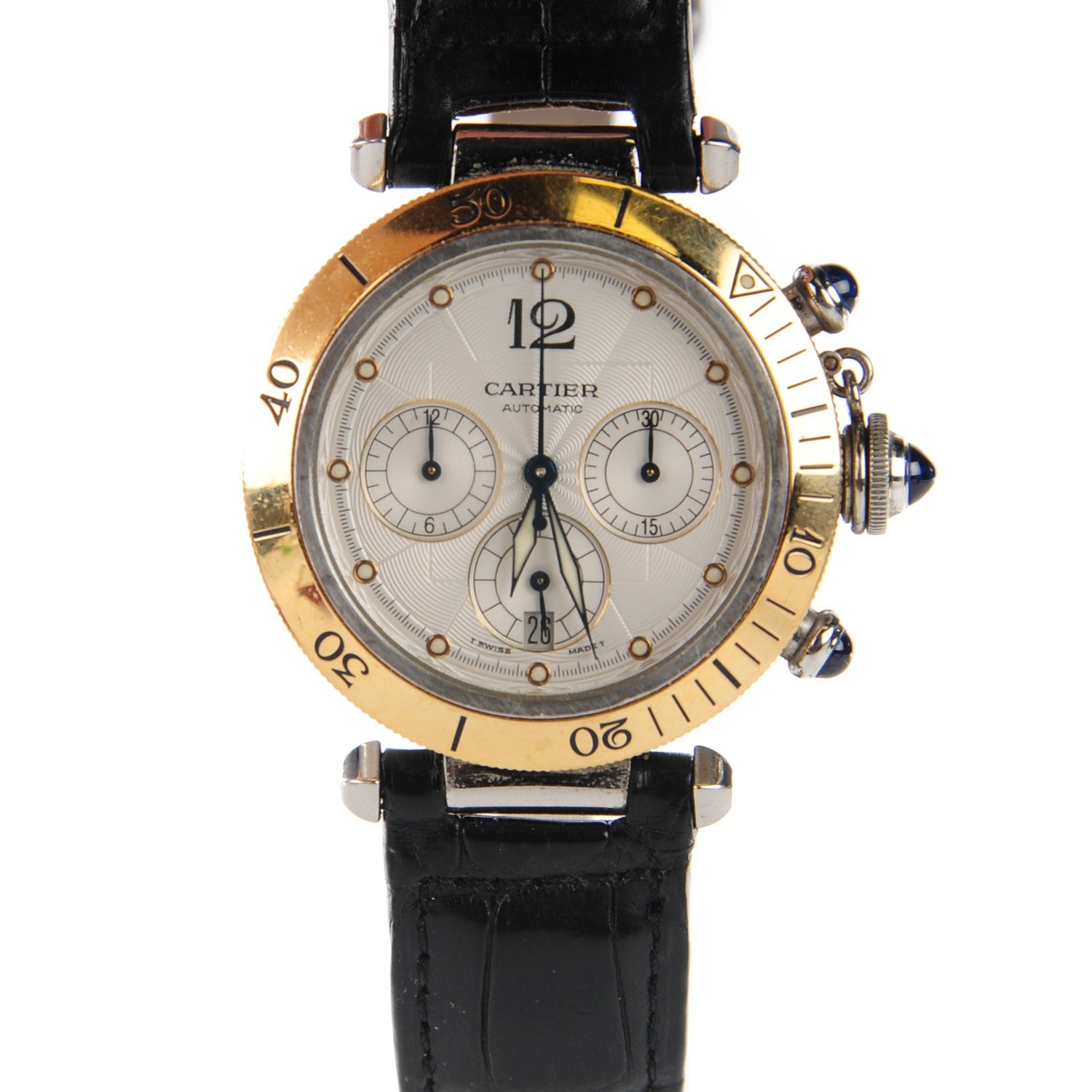 Cartier Stainless Steel 18K Yellow Gold Alligator 38mm Pasha C Chronograph Automatic Watch 1 of 9