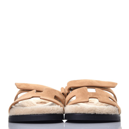 Hermes Suede Goatskin Woolskin Womens Chypre Sandals 38 Golden Beige 2 of 9