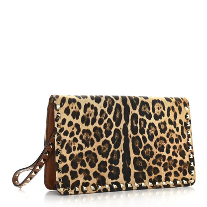 Valentino Garavani Canvas Leopard Print Rockstud Side Slip Wristlet Clutch Tan 3 of 9