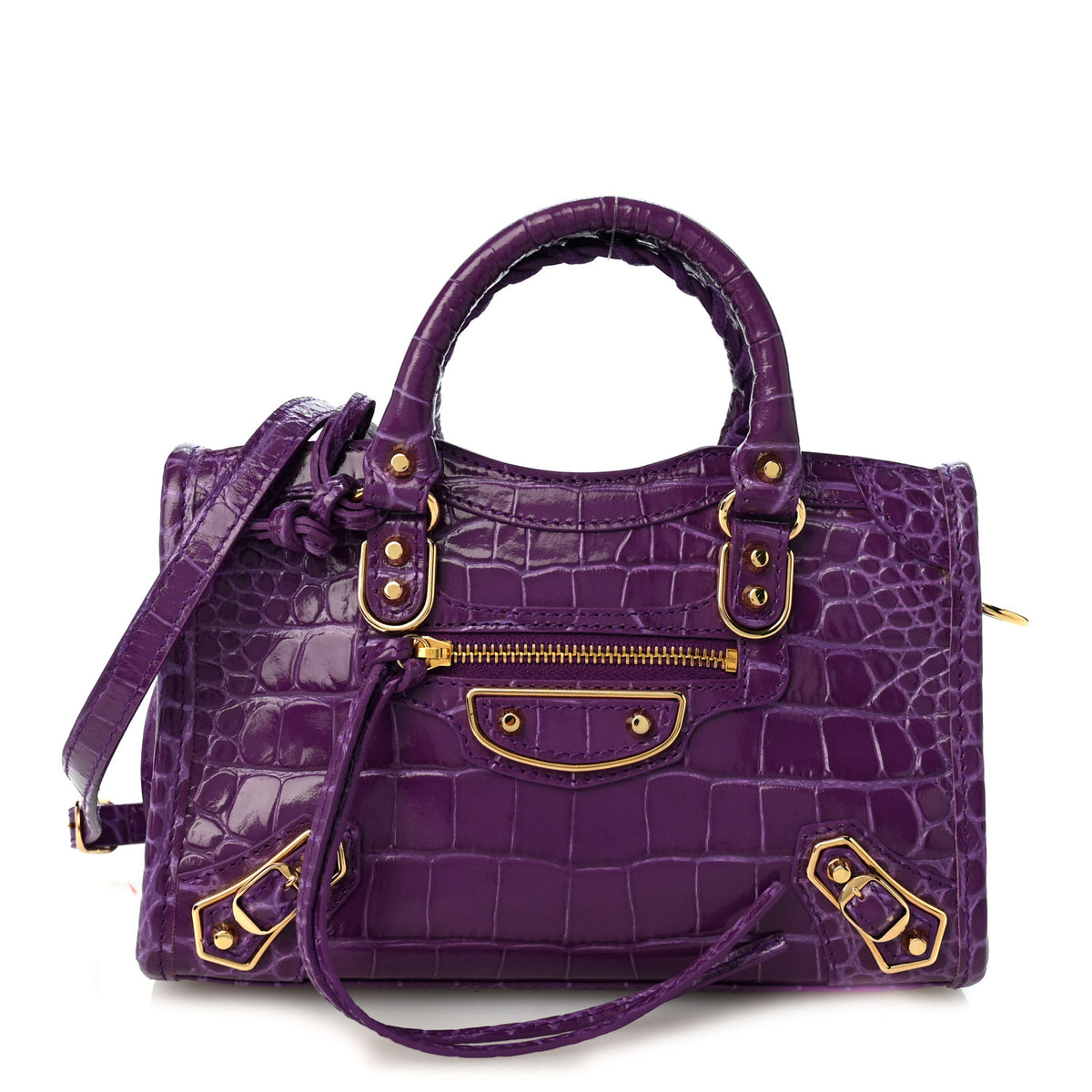Balenciaga Calfskin Crocodile Embossed Gold Metallic Edge Hardware Nano City Purple 1 of 11