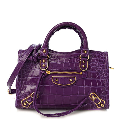 Balenciaga Calfskin Crocodile Embossed Gold Metallic Edge Hardware Nano City Purple 1 of 11