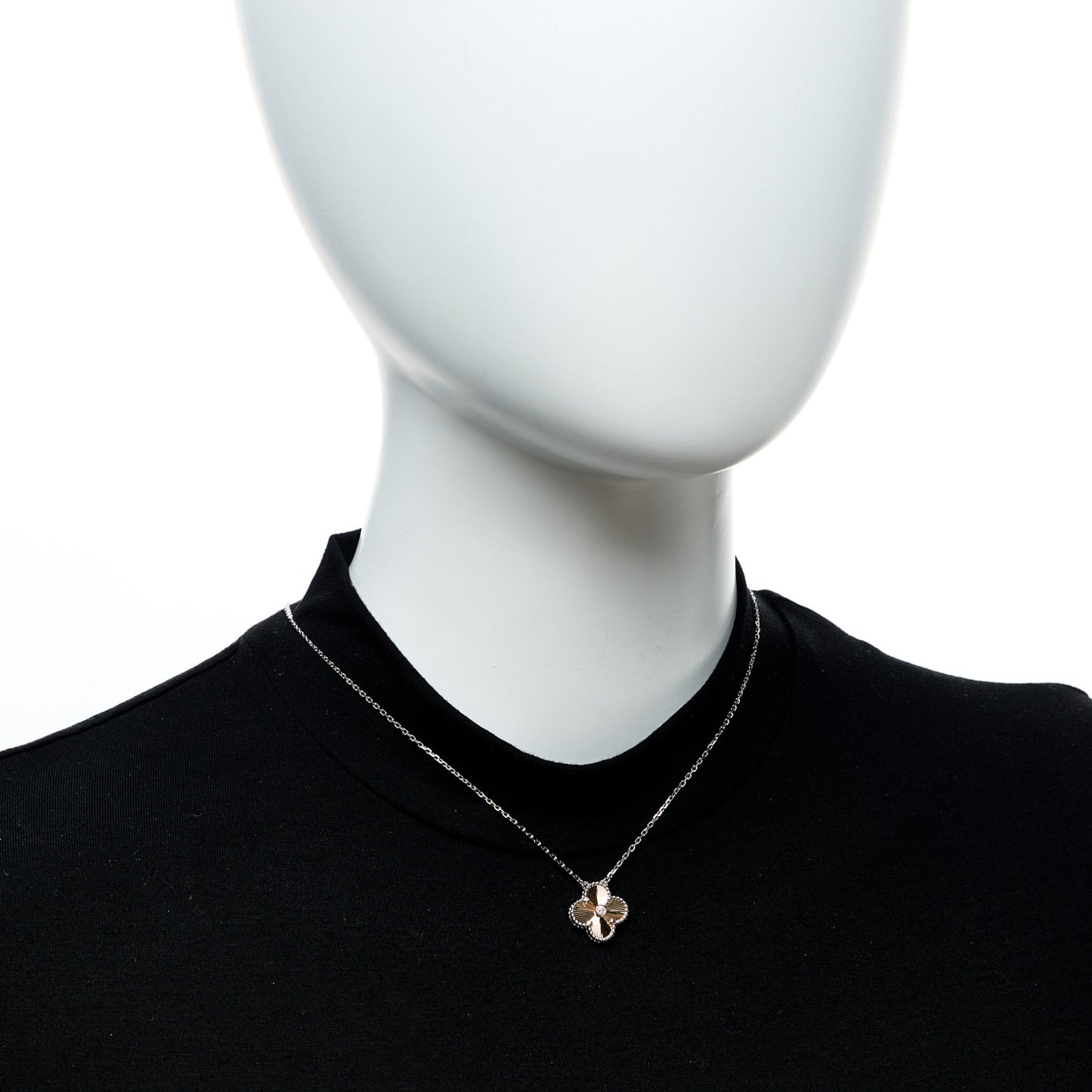 18K White Rose Gold Diamond Guilloche Vintage Alhambra Pendant Necklace