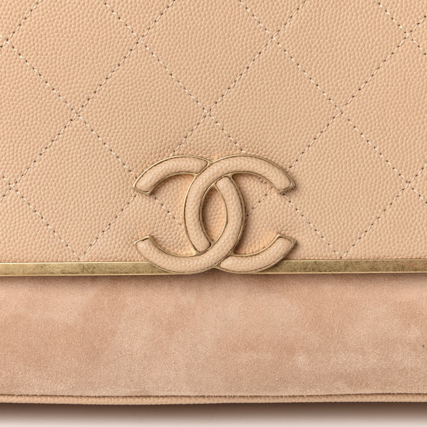 Grained Calfskin Stitched Enamel CC Flap Bag Beige