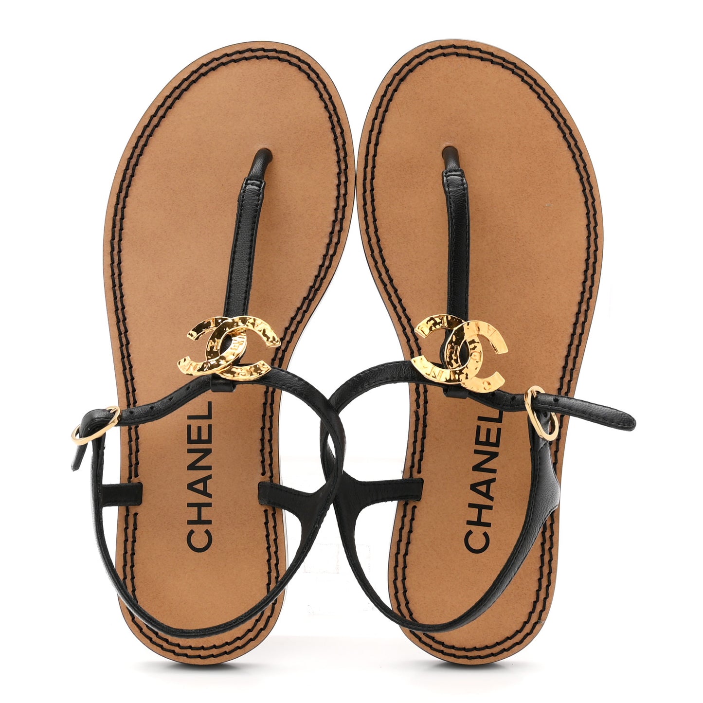 CHANEL Lambskin CC Thong Sandals 35 38 Black Gold