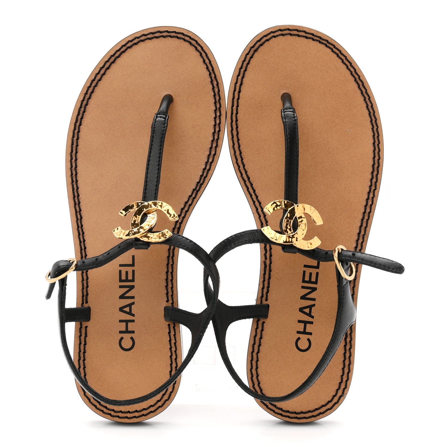 Gucci CHANEL Lambskin CC Thong Sandals 35 38 Black Gold 2 of 9