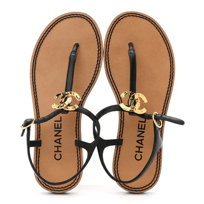 Gucci CHANEL Lambskin CC Thong Sandals 35 38 Black Gold 2 of 9
