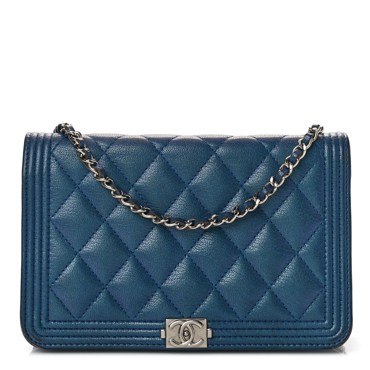 Chanel Iridescent Goatskin Quilted Boy Wallet On Chain WOC Blue 1 of 10