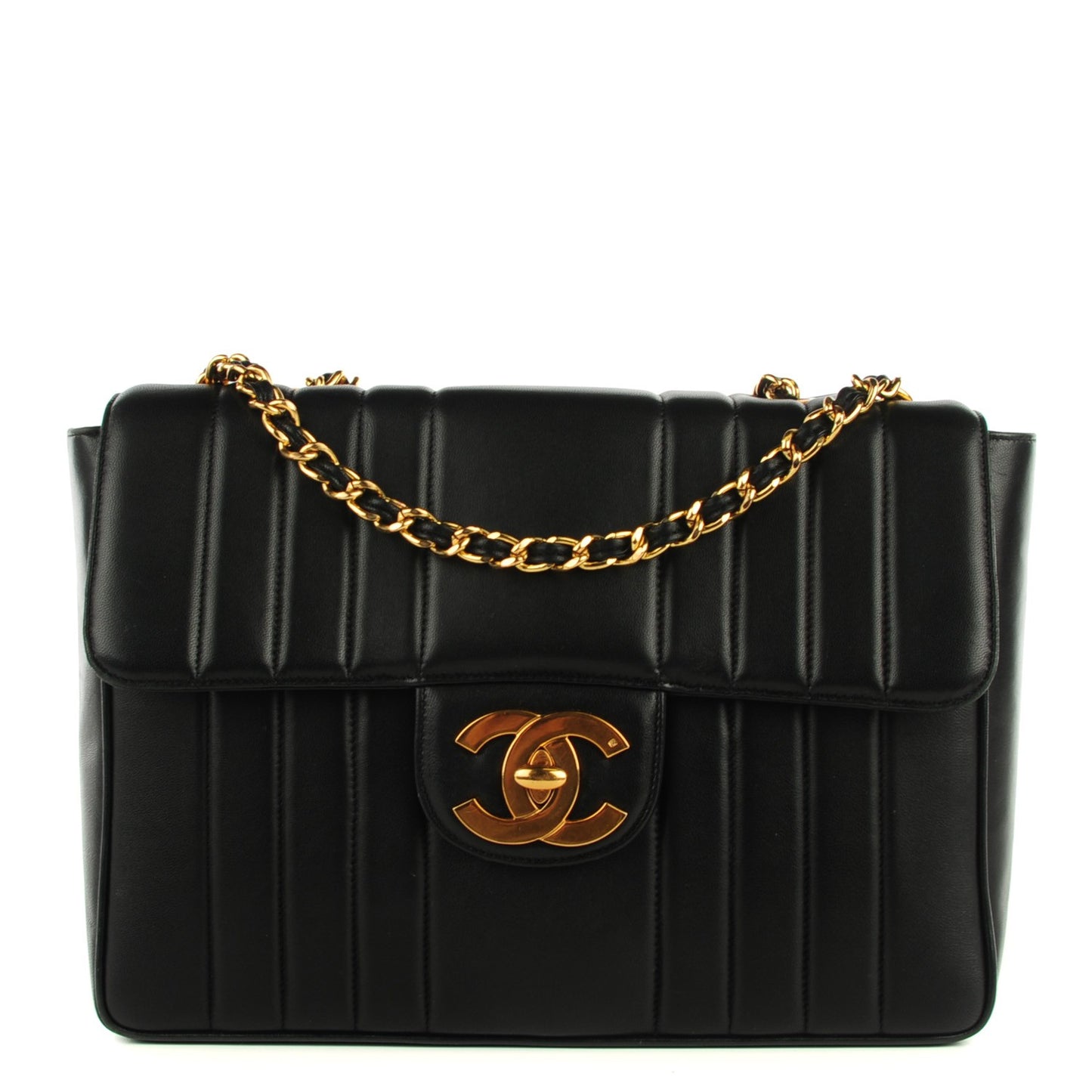 Lambskin Vertical Quilt Jumbo Flap Black