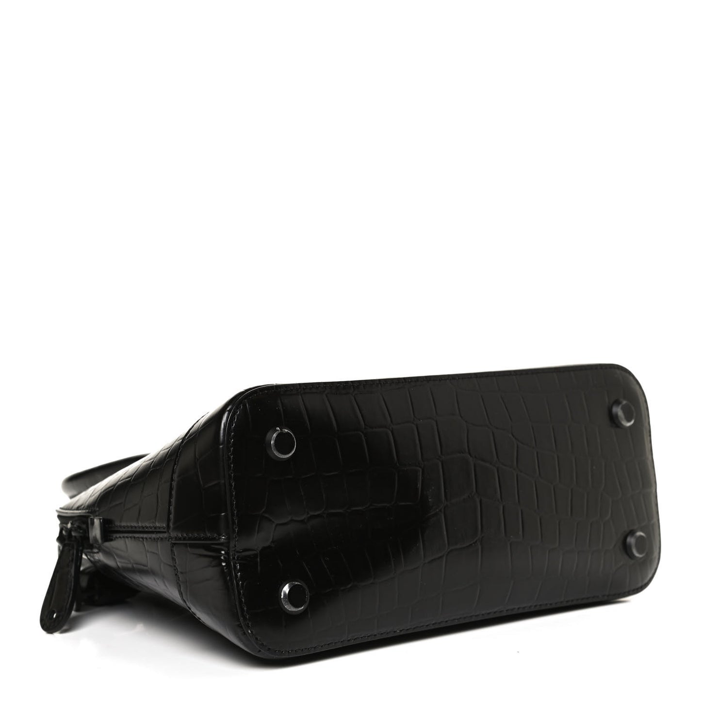 Calfskin Crocodile Embossed S Rivet Ville Top Handle Bag Black