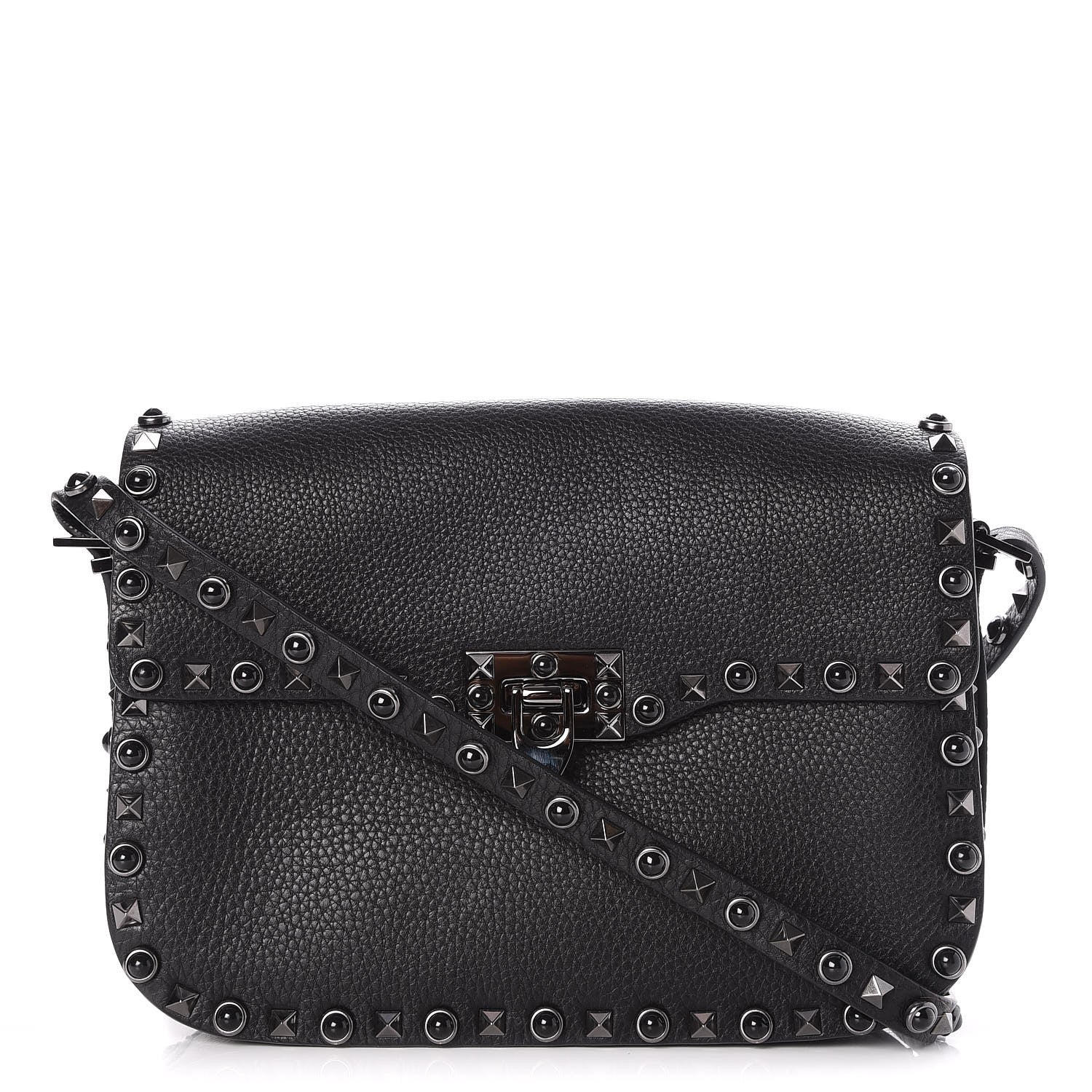 Valentino Garavani Pebbled Calfskin Onyx Medium Rockstud Rolling Flap Saddle Bag Black 1 of 7