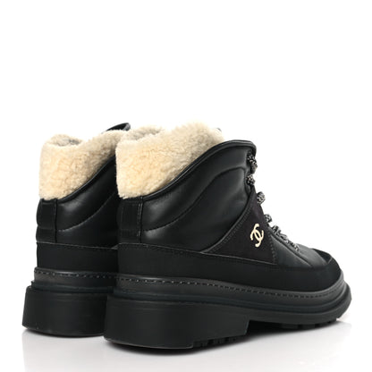 Chanel Lambskin Shearling Suede CC High Lace Up Boots 38 Black 4 of 8