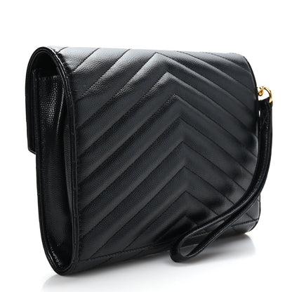 Saint Laurent Grain De Poudre Matelasse Chevron Monogram Envelope Clutch Black 3 of 9