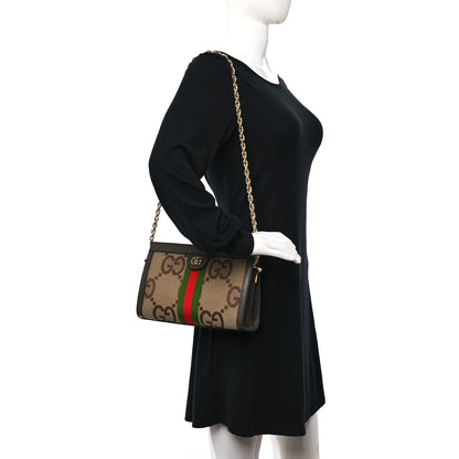 Gucci Monogram Jumbo GG Textured Dollar Calfskin Web Small Ophidia Chain Shoulder Bag Camel Ebony New Acero 2 of 10