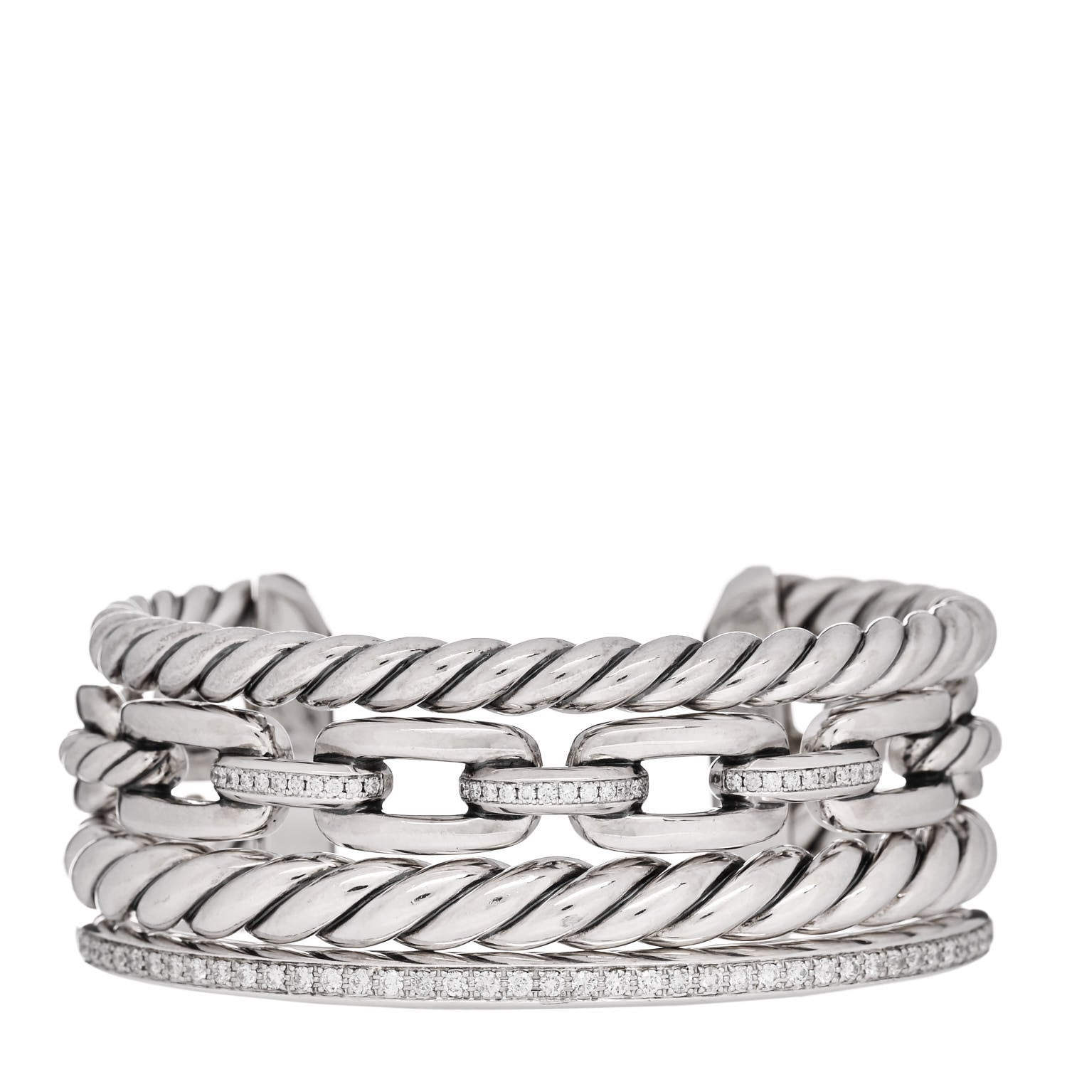 David Yurman Sterling Silver Diamond Wellesley Link Four-Row Cuff Bracelet 1 of 3