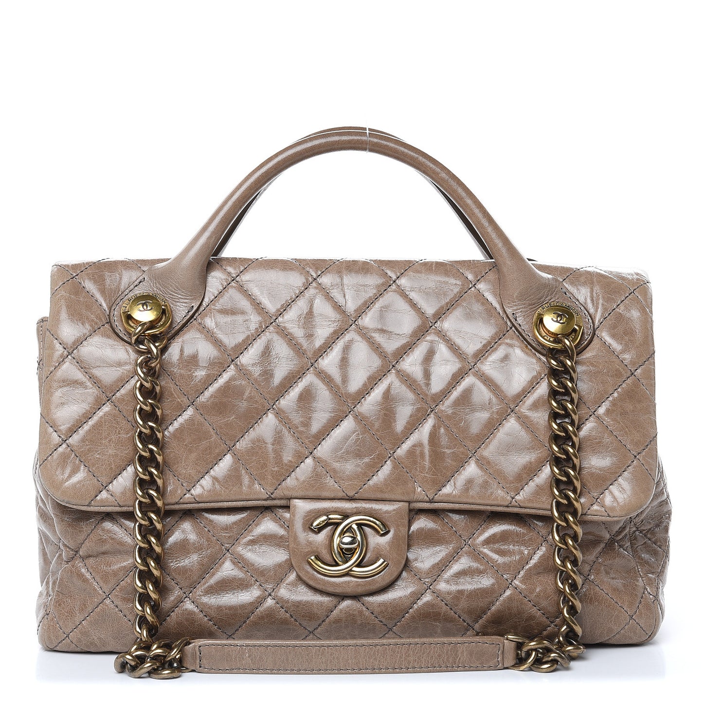 Glazed Calfskin Castle Rock Medium Flap Dark Beige