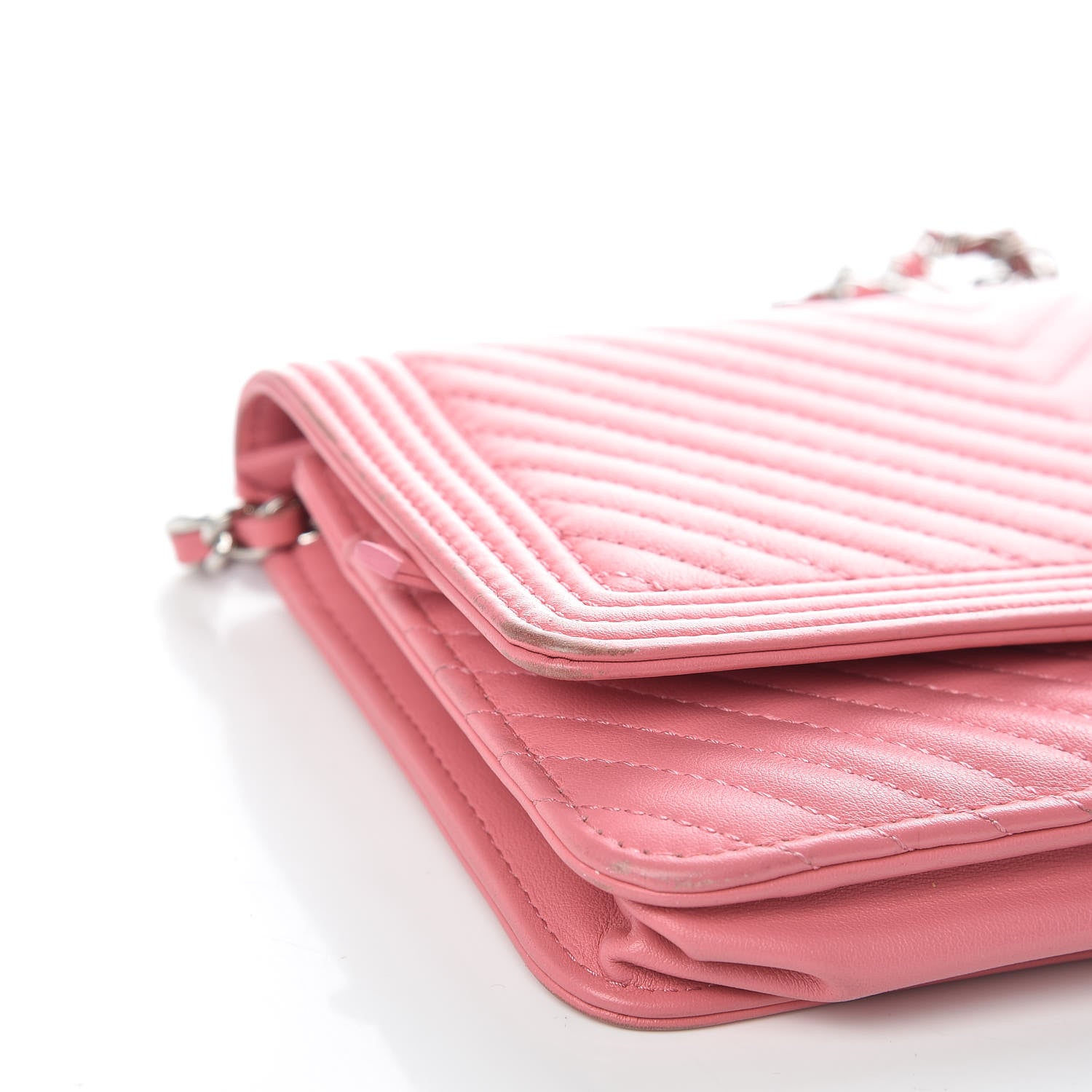 Chanel Calfskin Chevron Quilted Boy Wallet On Chain WOC Pink 10 of 13