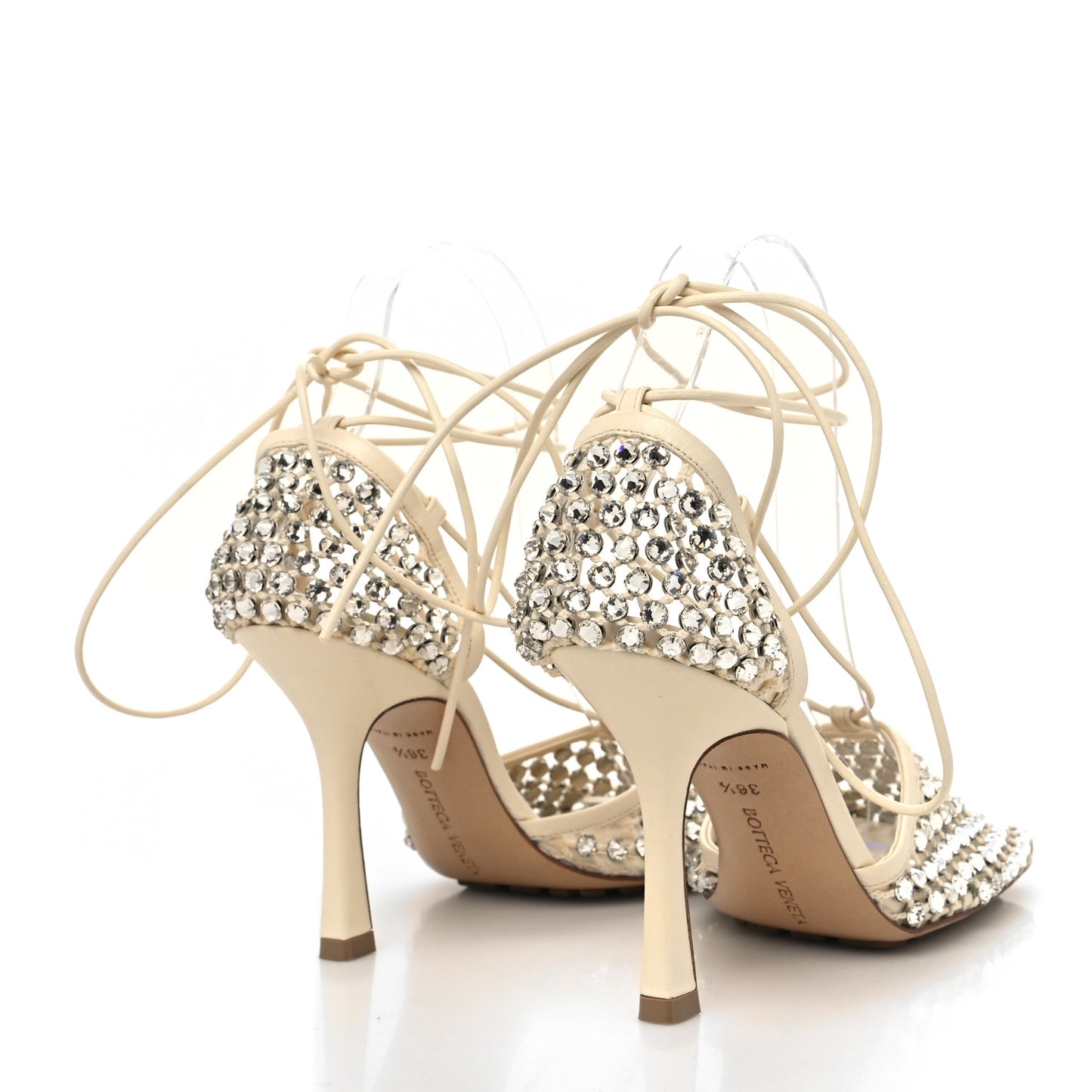 Mesh Nappa Crystal Embellished Sparkle Stretch Ankle Tie Sandals 36.5 Toile