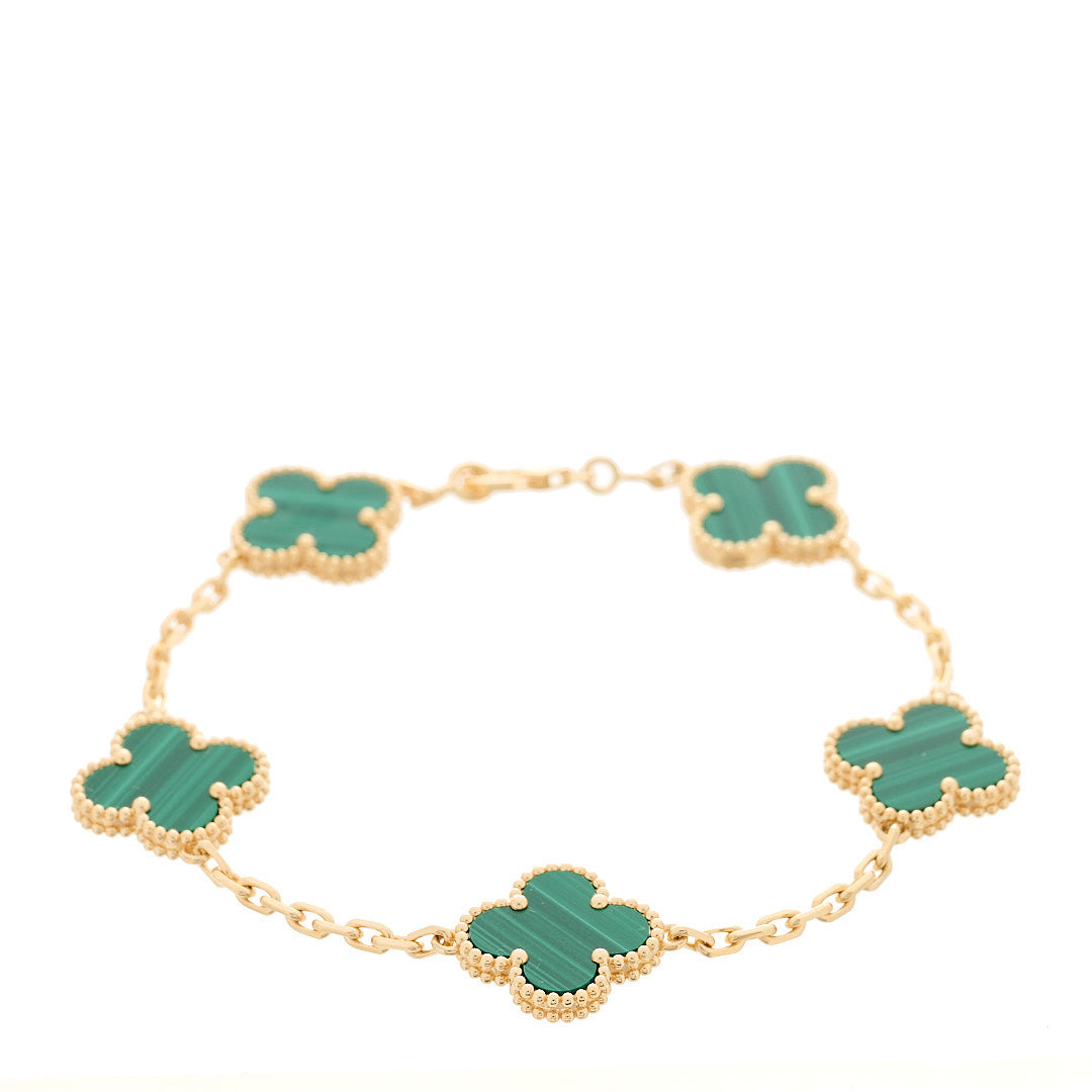 18K Yellow Gold Malachite 5 Motifs Vintage Alhambra Bracelet