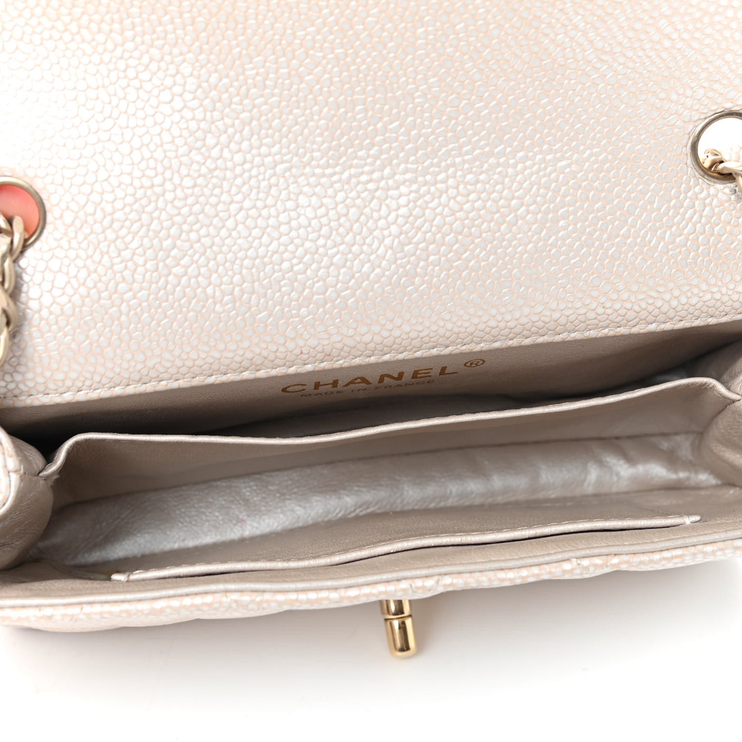Iridescent Caviar Quilted Extra Mini Flap Beige
