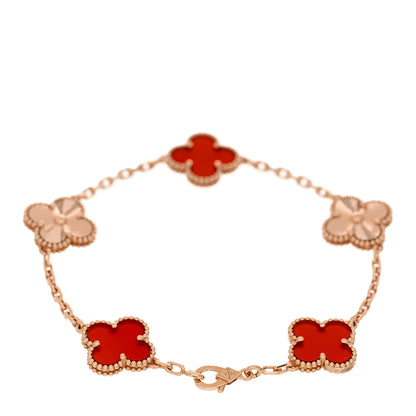 Van Cleef & Arpels 18K Rose Gold Carnelian 5 Motifs Guilloche Vintage Alhambra Bracelet 2 of 3