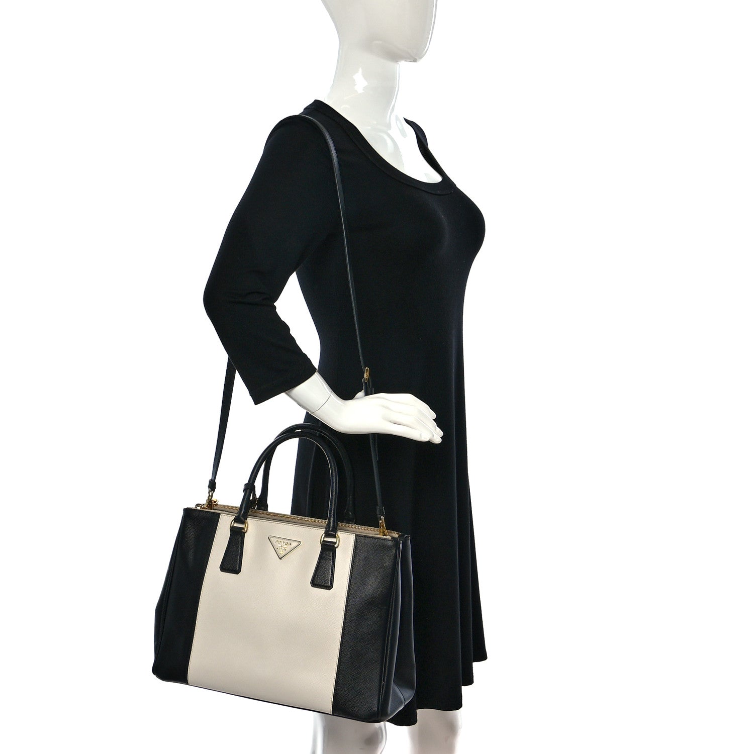 Prada Saffiano Lux Colorblock Medium Galleria Double Zip Tote Black Talco 2 of 12