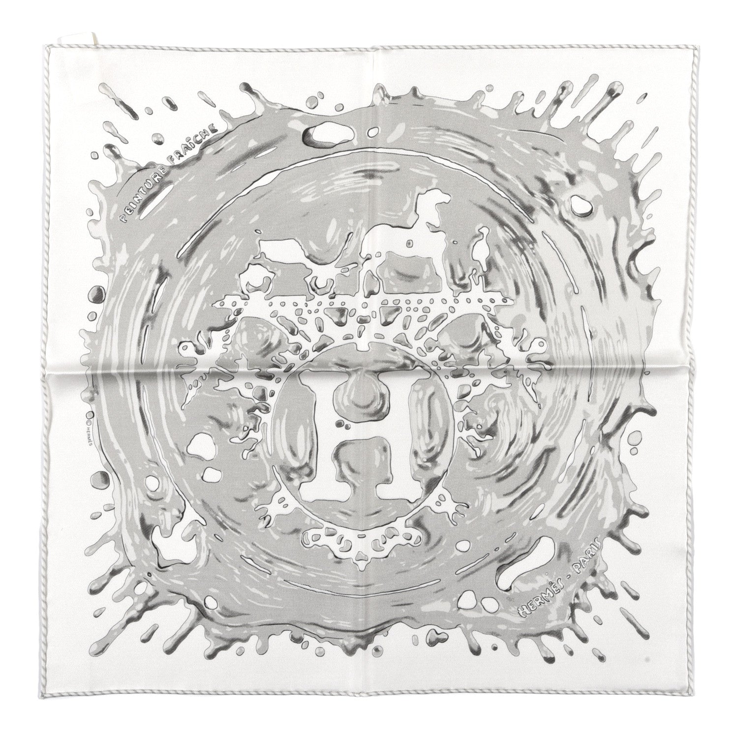 Hermes Silk Peinture Fraiche Pocket Square White Gris Perle 1 of 4