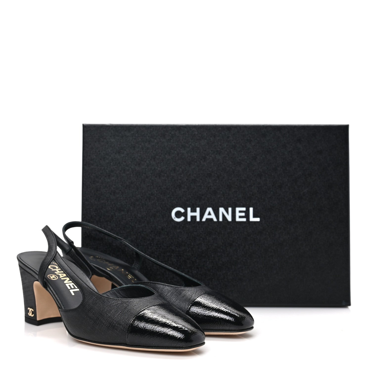 Chanel Textured Calfskin Glazed Goatskin Cap Toe CC Slingback Pumps 36.5 Black 8 of 8