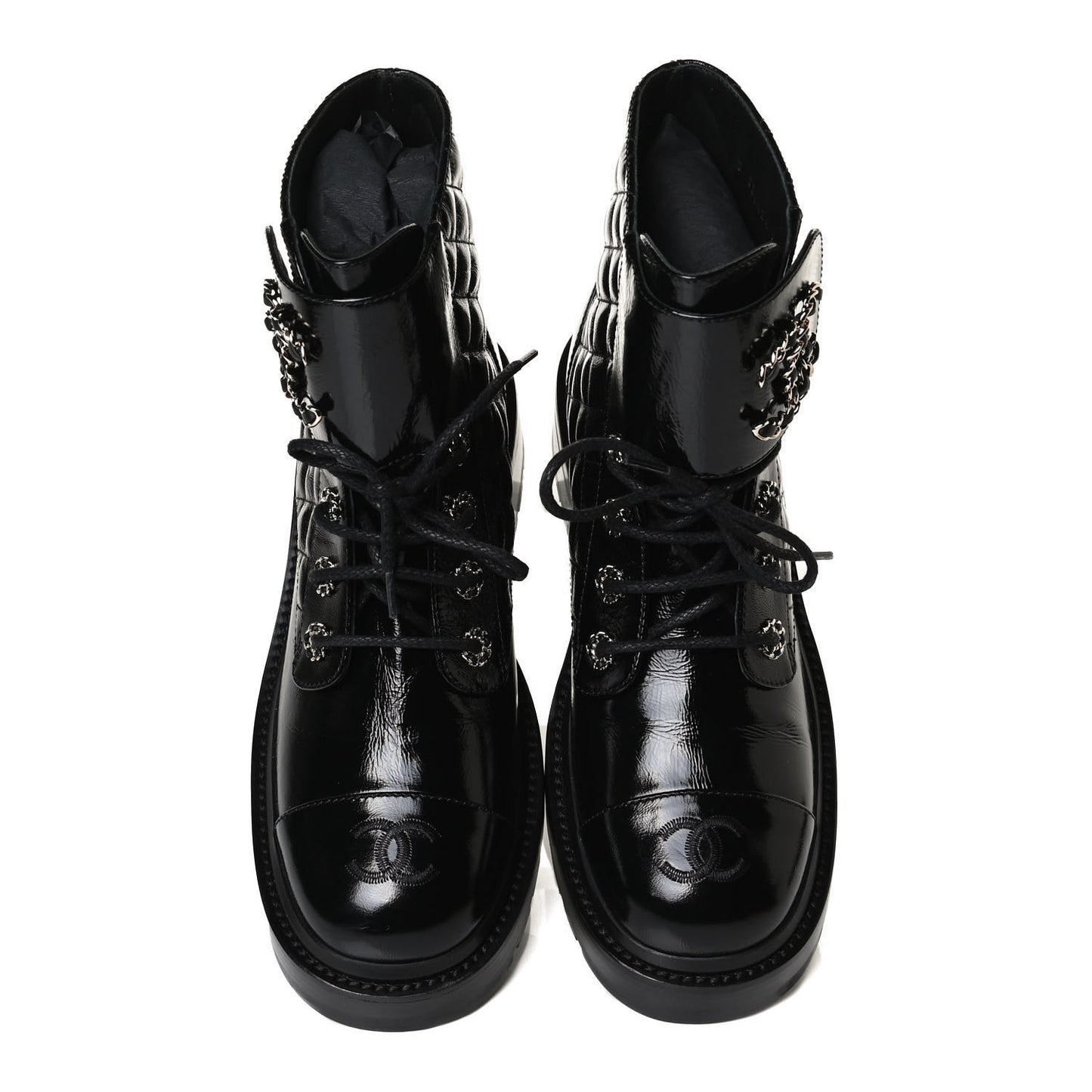 Shiny Calfskin Quilted Lace Up Combat Boots 38.5 Black