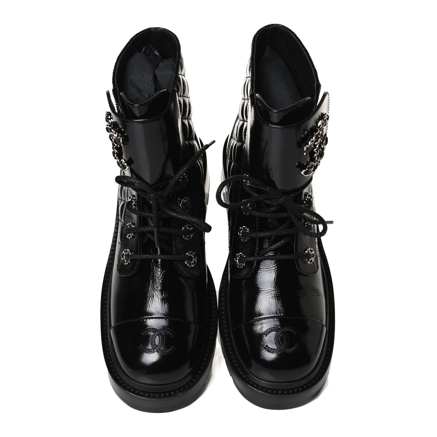Chanel Shiny Calfskin Quilted Lace Up Combat Boots 38.5 Black 5 of 14