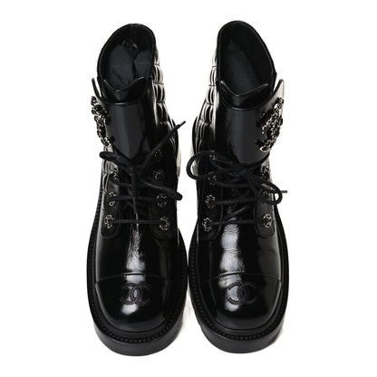 Chanel Shiny Calfskin Quilted Lace Up Combat Boots 38.5 Black 5 of 14