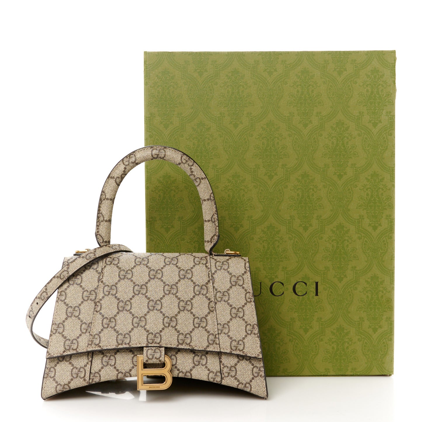 X GUCCI GG Supreme Monogram Small Hourglass Top Handle Bag Beige Ebony