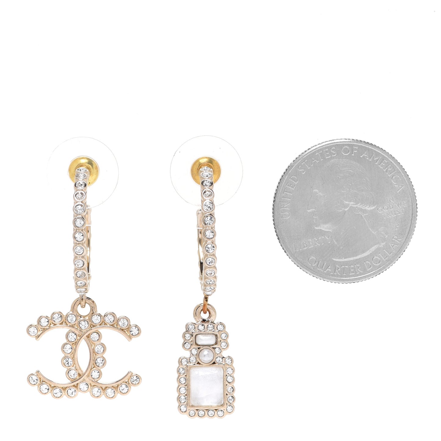 Crystal Pearl CC Perfume Bottle Drop Hoop Earrings Gold