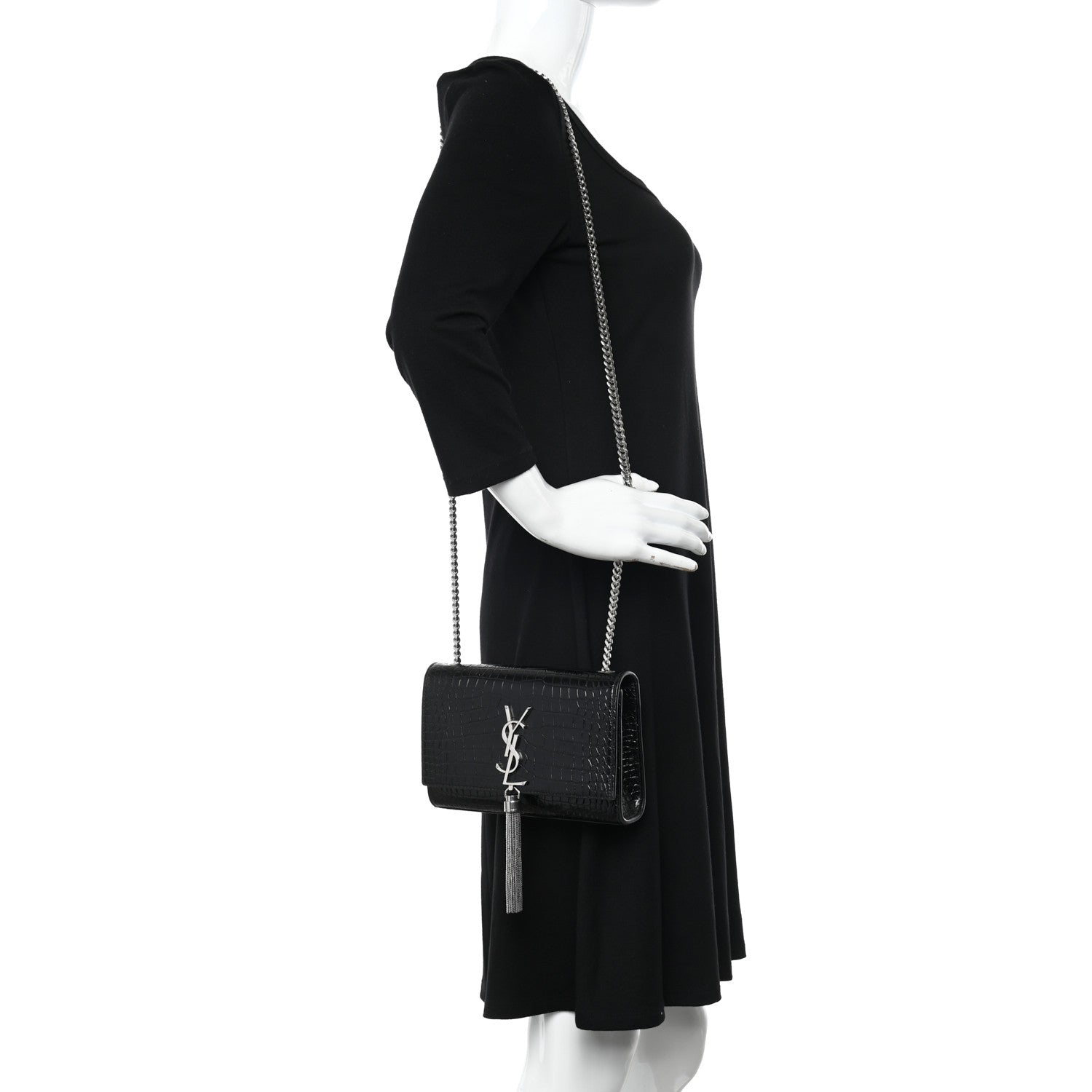 Saint Laurent Calfskin Crocodile Embossed Small Classic Monogram Kate Tassel Satchel Black 2 of 16