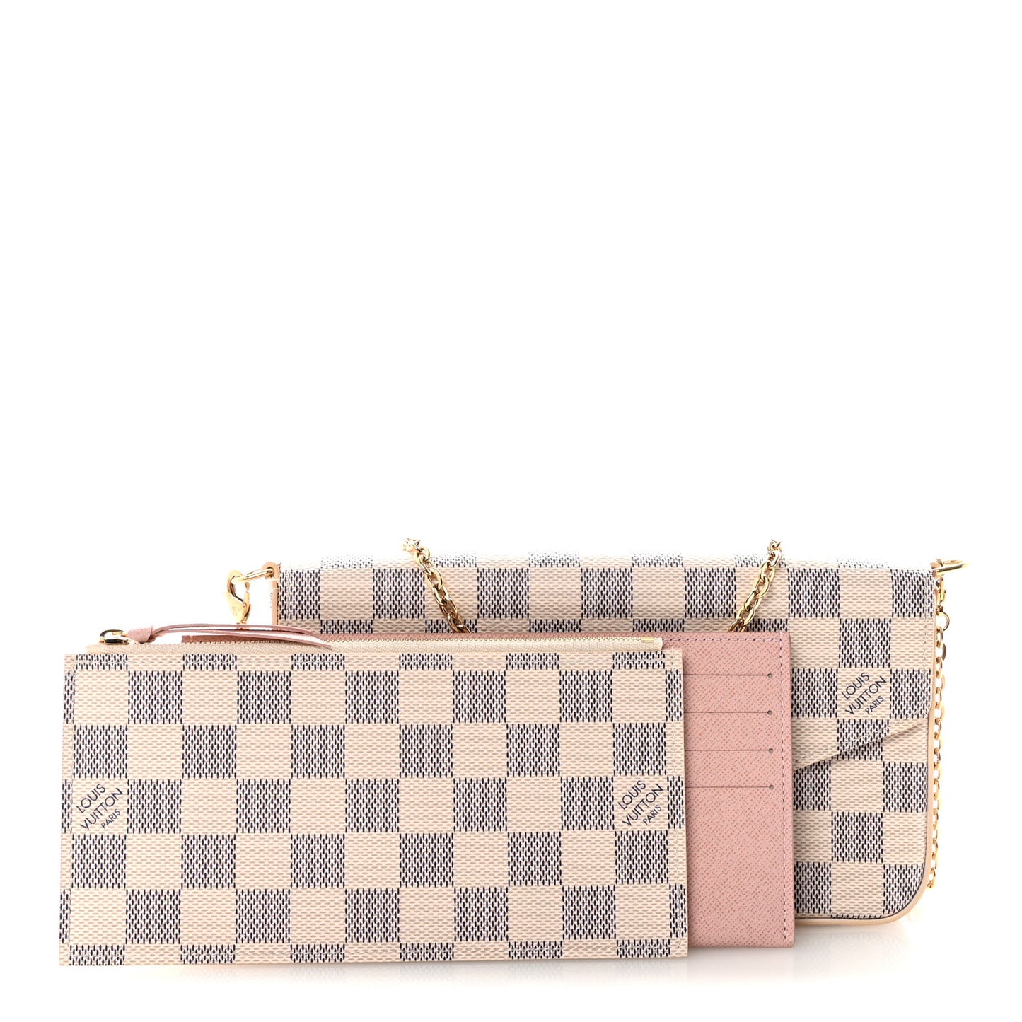 Damier Azur Pochette Felicie Chain Wallet Rose Ballerine