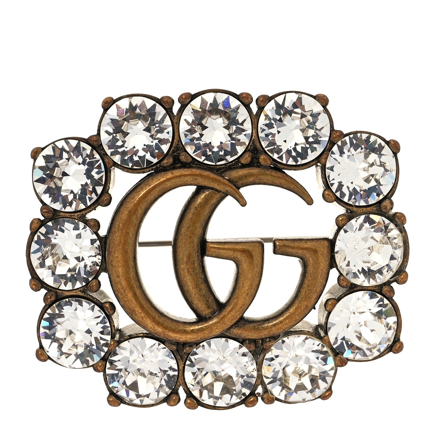 Metal Crystal Double G Brooch Aged Gold