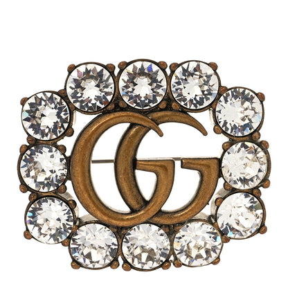 Gucci Metal Crystal Double G Brooch Aged Gold 1 of 7