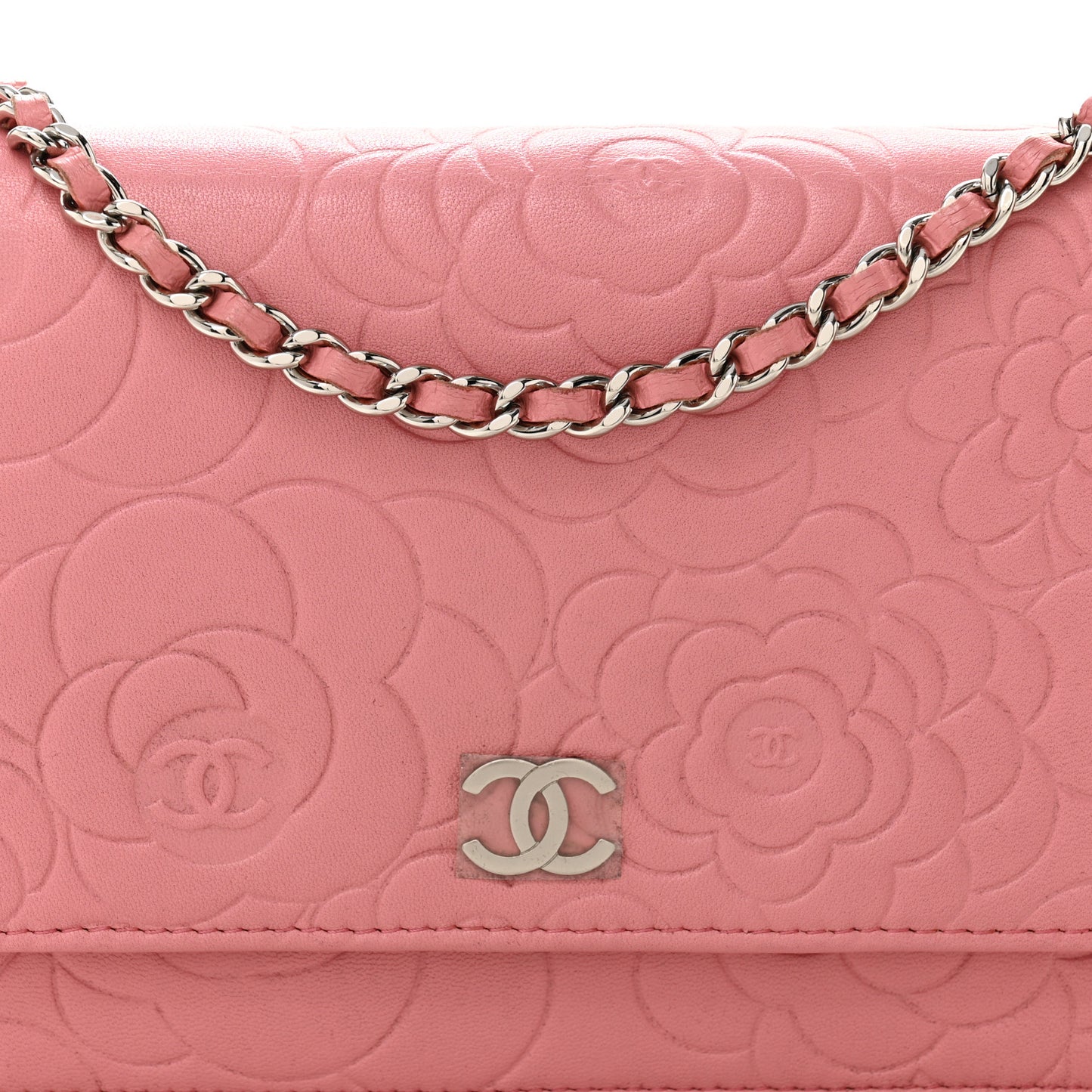 Lambskin Camellia Embossed Wallet on Chain WOC Pink